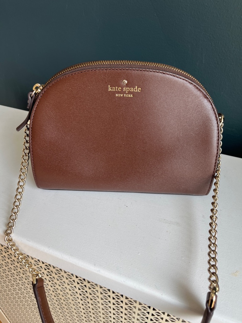 kate spade Brown Leather Half-Moon Shoulder Bag with Gold Chain - Picture 4 of 9